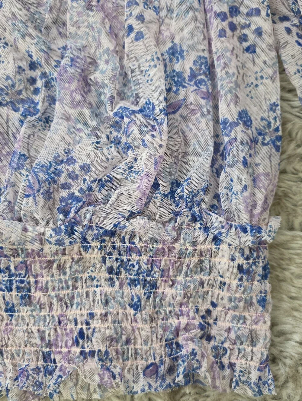 Free People Twyla Smocked Floral Lavender Ruffle Tie-Neck Blouse Womens Size XL